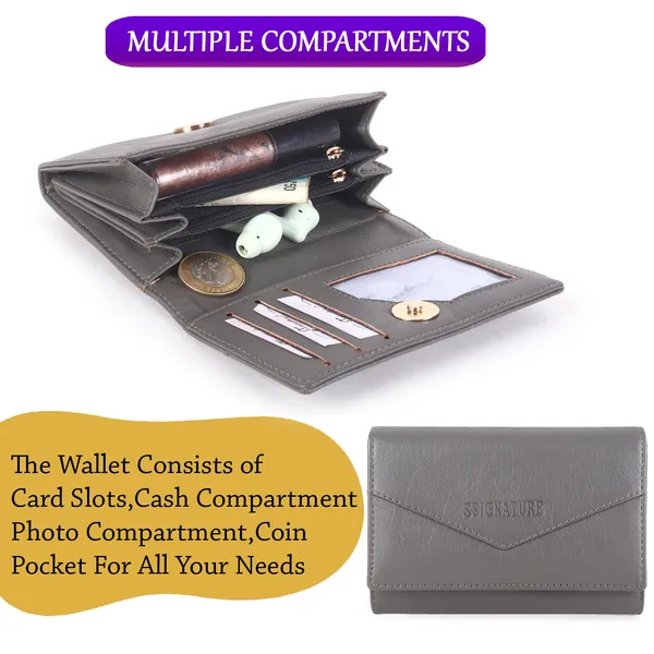 Signature_Grey_Leather_Tri_Fold_Compact_Wallet_For_Women