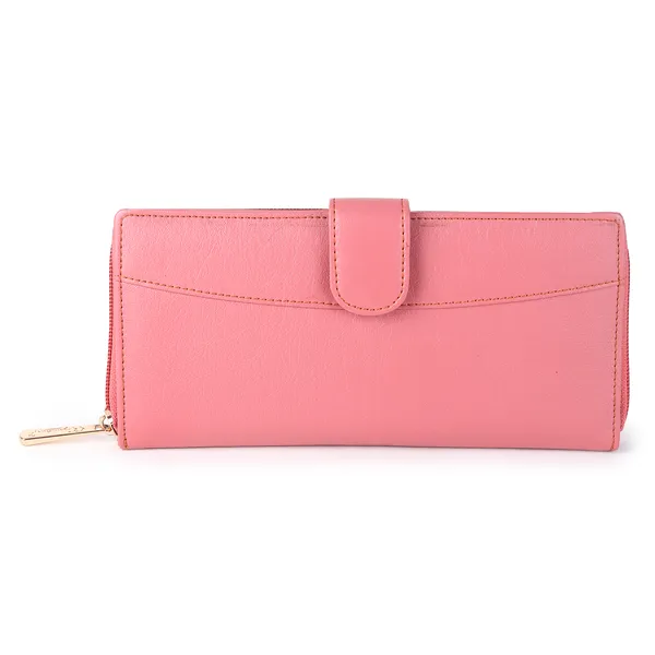 Signature_Pink_Faux_Leather_Zipper_Card_Slot_Long_Wallet_For_Women