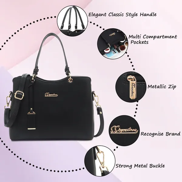 Signature_Black_Faux_Leather_Multi_Compartment_Handbag_For_Women