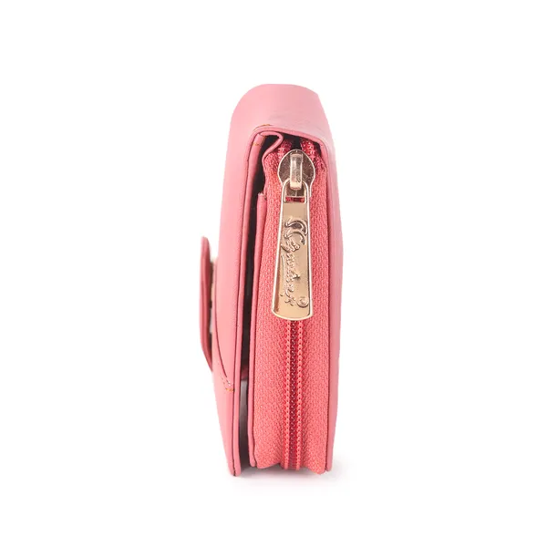 Signature_Pink_Faux_Leather_Zipper_Card_Slot_Long_Wallet_For_Women