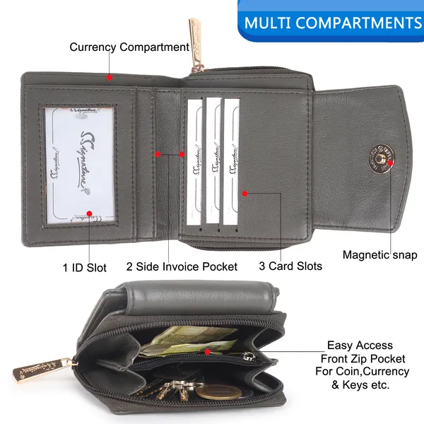Signature_Grey_Faux_Leather_Zipper_Compact_Wallet