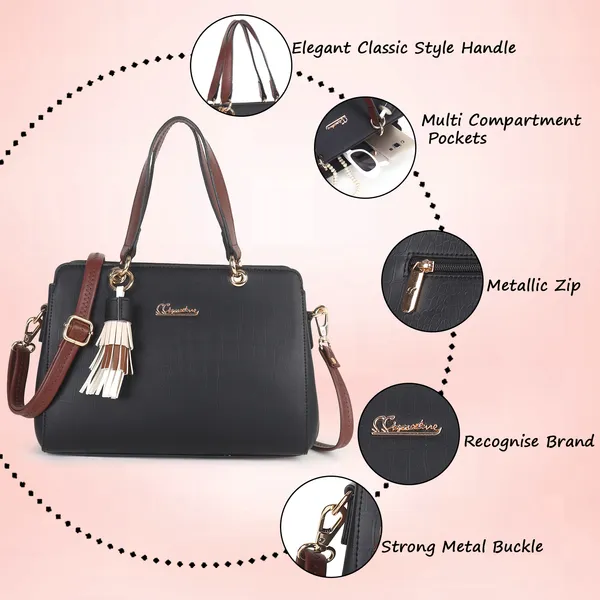 Signature_Black_Faux_Leather_Tassel_Dual_Strap_Handbag_For_Women