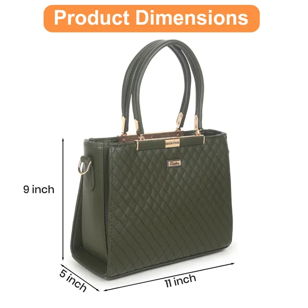 Signature_Olive_Green_Quilted_Faux_Leather_Metallic_Accent_Handbag_For_Women