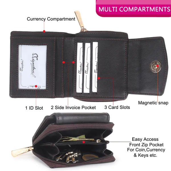 Signature_Black_Leather_Compact_Zipper_Wallet_For_Women