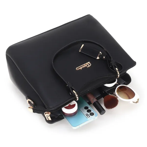 Signature_Black_Faux_Leather_Multi_Compartment_Handbag_For_Women