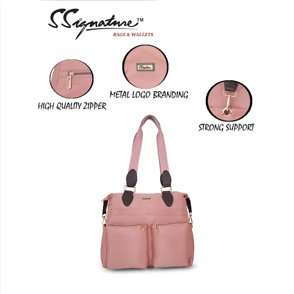 Signature_Pink_Fabric_Multi_Pocket_Adjustable_Strap_Diaper_Bag_For_Parents_With_Babies