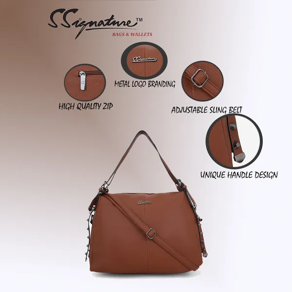 Signature_Brown_Leather_Adjustable_Strap_Handbag_For_Women