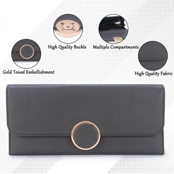 Signature_Grey_Faux_Leather_Ring_Closure_Clutch_Wallet_For_Women