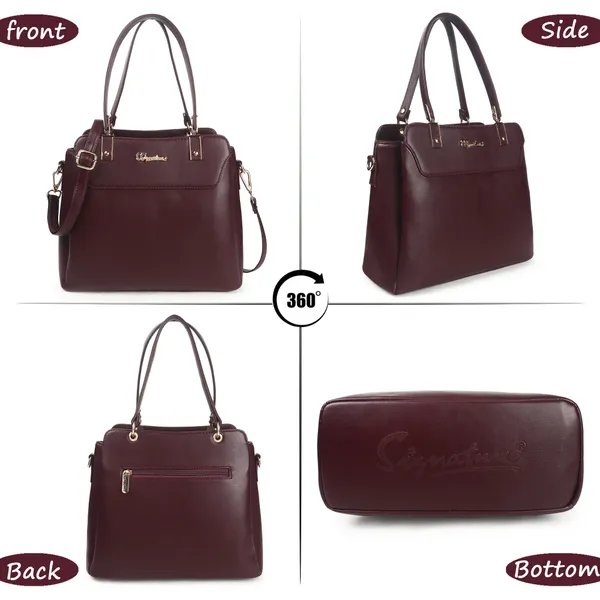 Signature_Maroon_Faux_Leather_Metal_Buckle_Zip_Shoulder_Bag_For_Women