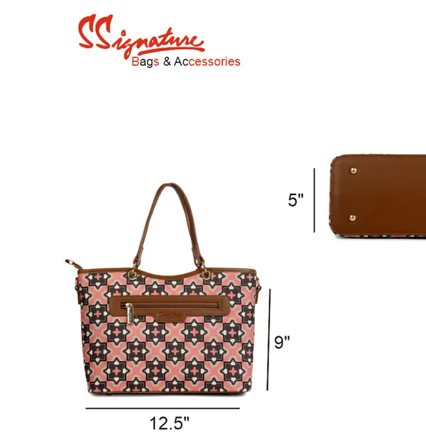 Signature_Pink_Fabric_Geometric_Print_Leather_Handle_Tote_Bag_For_Women