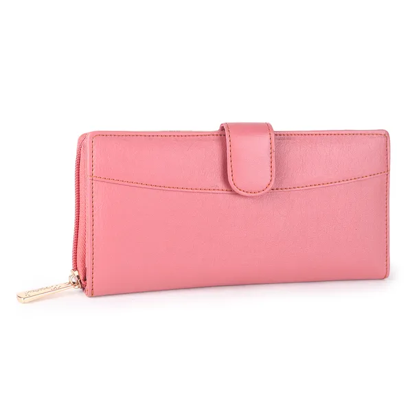 Signature_Pink_Faux_Leather_Zipper_Card_Slot_Long_Wallet_For_Women