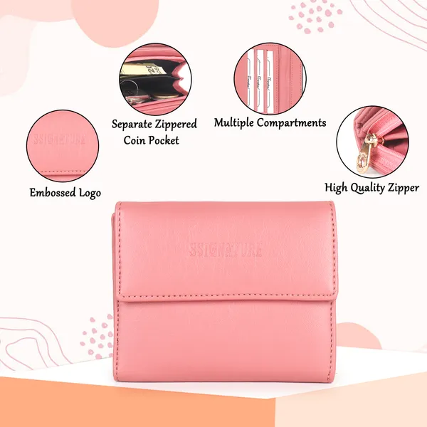 Signature_Pink_Faux_Leather_Multi_Card_Tri_Fold_Wallet