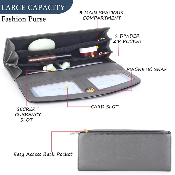 Signature_Grey_Faux_Leather_Multi_Compartment_Long_Wallet_For_Women