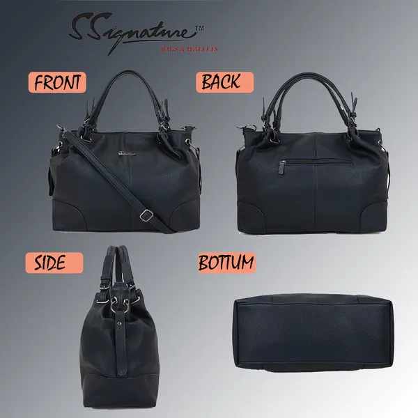 Signature_Black_Faux_Leather_Textured_Adjustable_Strap_Handbag_For_Women