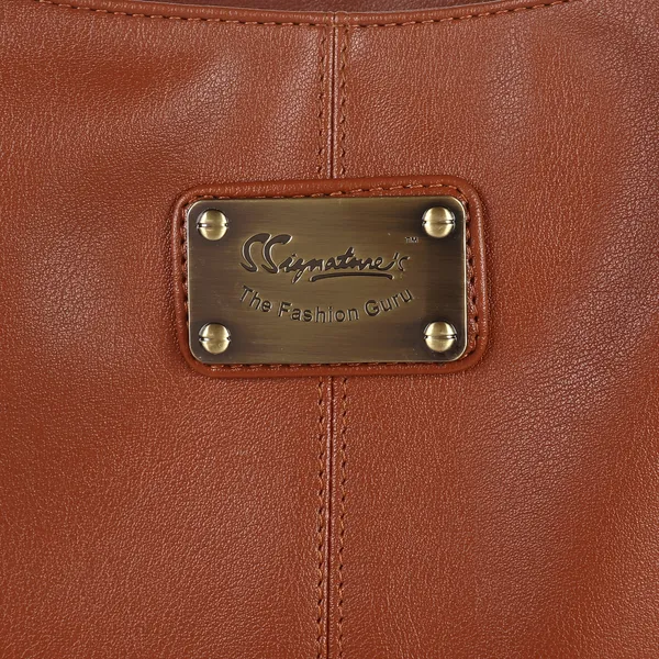 Signature_Tan_Brown_Faux_Leather_Classic_Handle_Handbag_For_Women