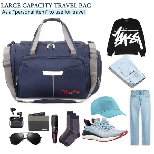 Signature_Navy_Blue_Fabric_Adjustable_Strap_Travel_Duffel_Bag_For_Men_And_Women