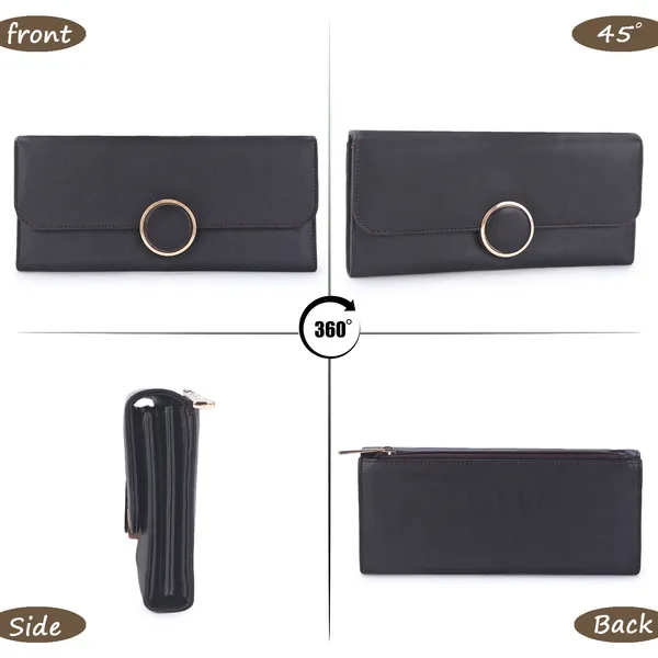 Signature_Black_Faux_Leather_Gold_Ring_Clutch_Wallet_For_Women