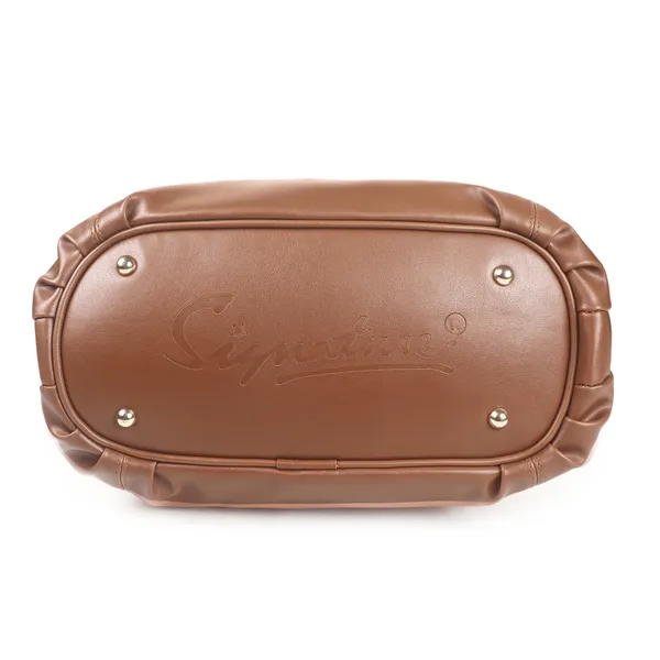 Signature_Brown_Leather_Metal_Buckle_Zipper_Handbag_For_Women