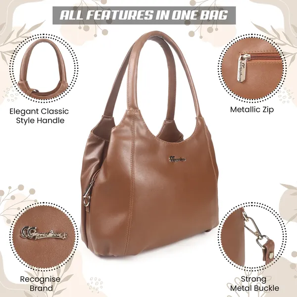 Signature_Brown_Leather_Metal_Buckle_Zipper_Handbag_For_Women