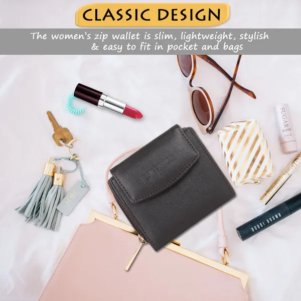 Signature_Black_Leather_Compact_Zipper_Wallet_For_Women