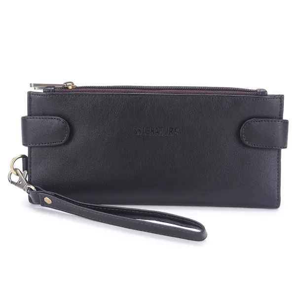 Signature_Black_Leather_Wrist_Strap_Multi_Card_Clutch_Wallet_For_Women