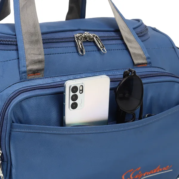 Signature_Blue_Grey_Fabric_Multi_Compartment_Adjustable_Strap_Duffel_Bag_For_Men_Women_And_Teens