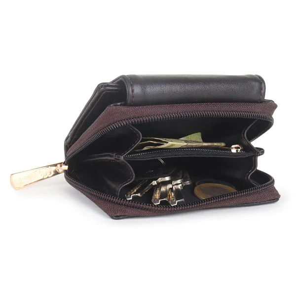 Signature_Black_Leather_Compact_Zipper_Wallet_For_Women