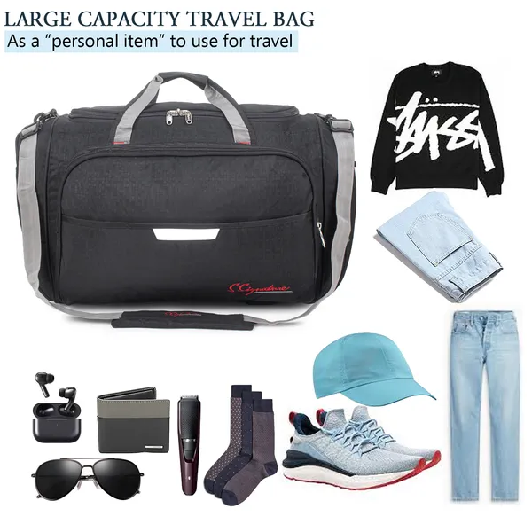 Signature_Black_Fabric_Waterproof_Adjustable_Strap_Duffel_Bag_For_Men_And_Women