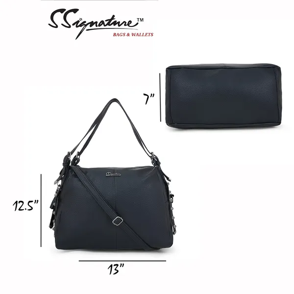 Signature_Black_Faux_Leather_Metal_Logo_Adjustable_Strap_Shoulder_Bag_For_Women
