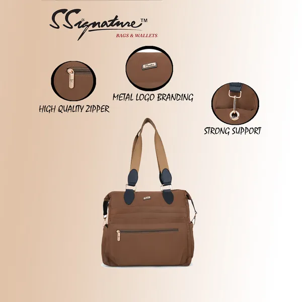 Signature_Brown_Nylon_Multi_Compartment_Adjustable_Strap_Tote_Bag_For_Women