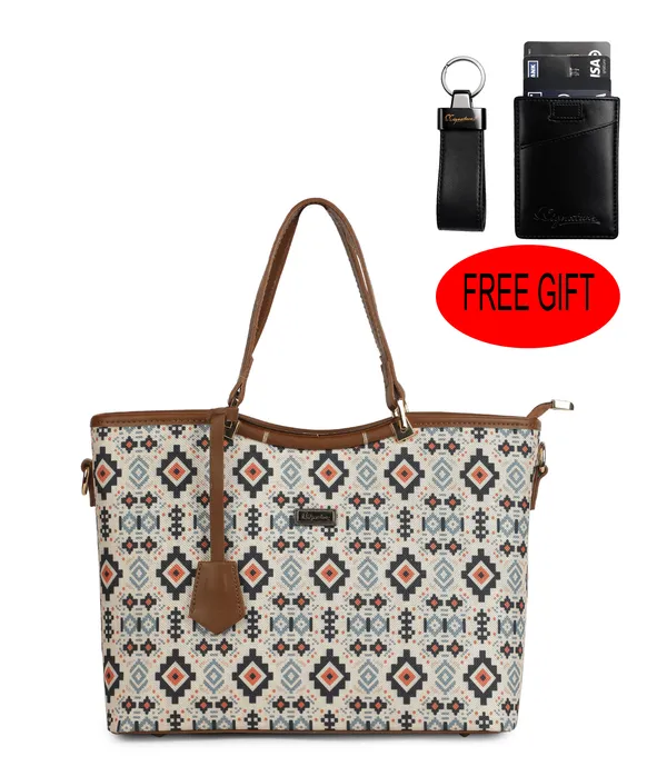 Signature_Multicolor_Fabric_Geometric_Print_Leather_Trim_Tote_Bag_For_Women
