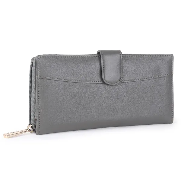 Signature_Grey_Faux_Leather_Snap_Closure_Wallet_For_Women