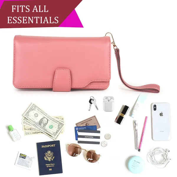 Signature_Pink_Leather_Wrist_Strap_Multi_Compartment_Wallet_For_Women