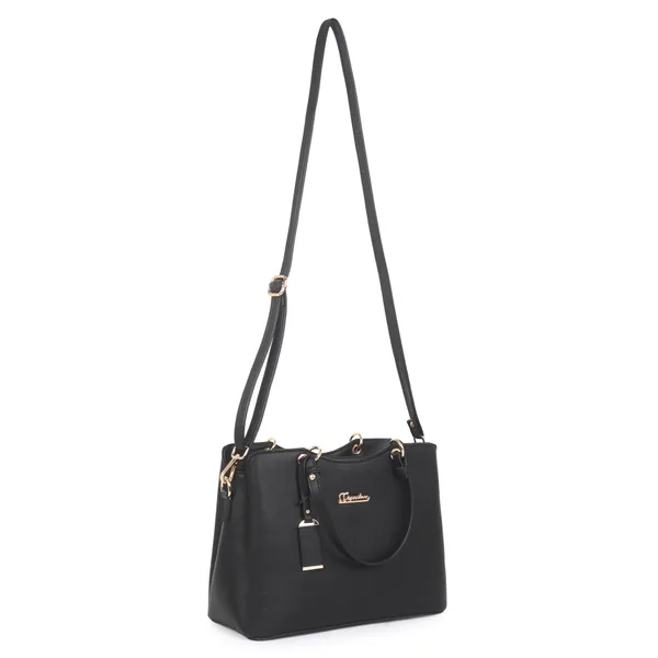 Signature_Black_Faux_Leather_Multi_Compartment_Handbag_For_Women