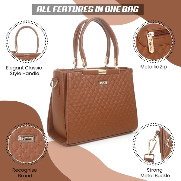 Signature_Brown_Quilted_Faux_Leather_Metal_Hardware_Handbag