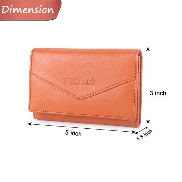 Signature_Coral_Orange_Faux_Leather_Tri_Fold_Compact_Wallet_For_Women