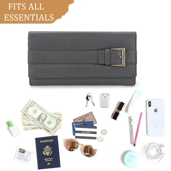 Signature_Grey_Faux_Leather_Buckle_Detail_Clutch_Wallet_For_Women