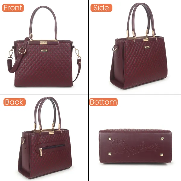 Signature_Maroon_Quilted_Faux_Leather_Metallic_Accent_Handbag_For_Women