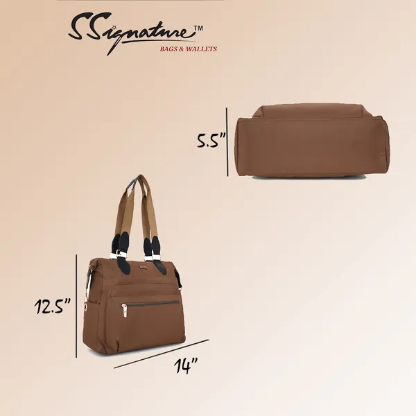 Signature_Brown_Nylon_Multi_Compartment_Adjustable_Strap_Tote_Bag_For_Women