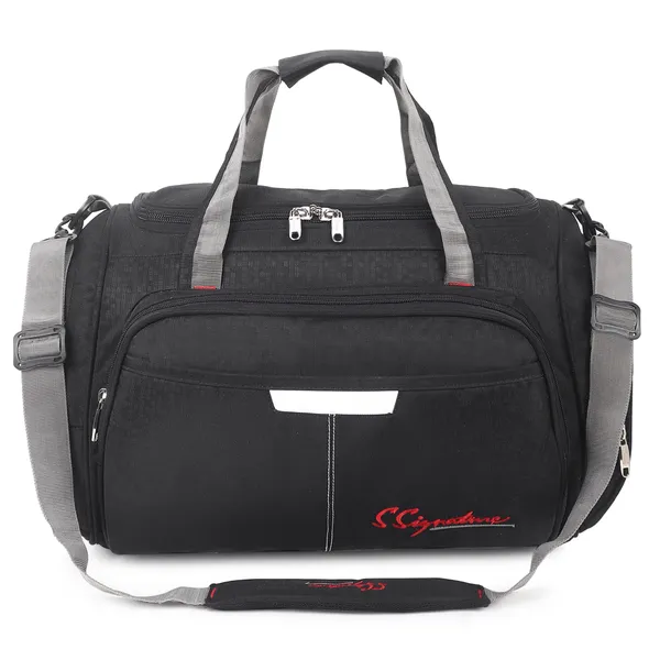 Signature_Black_Fabric_Multi_Compartment_Shoulder_Strap_Duffel_Bag_For_Men_And_Women