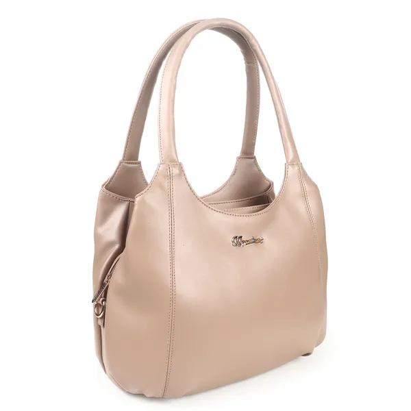 Signature_Beige_Leather_Metal_Logo_Shoulder_Handbag_For_Women
