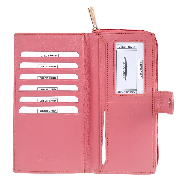 Signature_Pink_Faux_Leather_Zipper_Card_Slot_Long_Wallet_For_Women