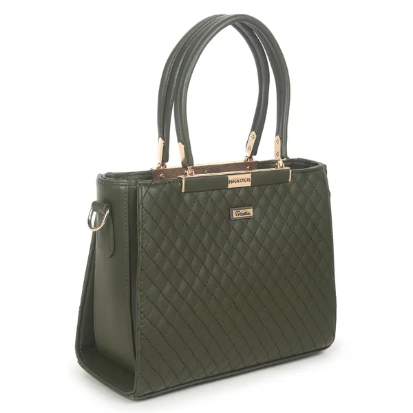 Signature_Olive_Green_Quilted_Faux_Leather_Metallic_Accent_Handbag_For_Women