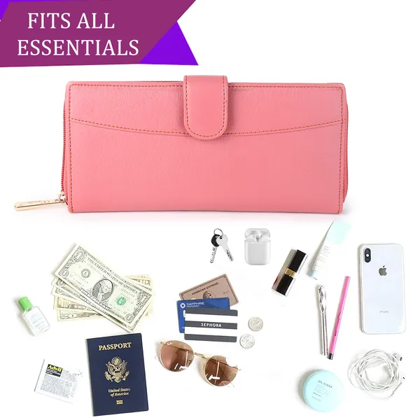 Signature_Pink_Faux_Leather_Zipper_Card_Slot_Long_Wallet_For_Women