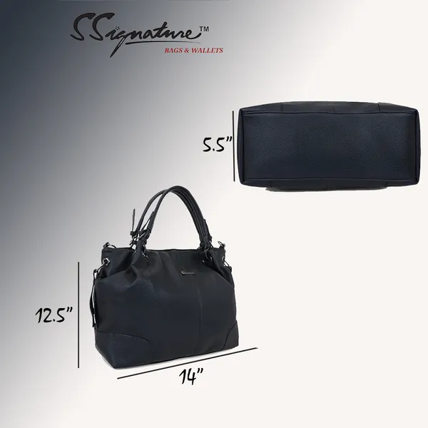 Signature_Black_Faux_Leather_Textured_Adjustable_Strap_Handbag_For_Women