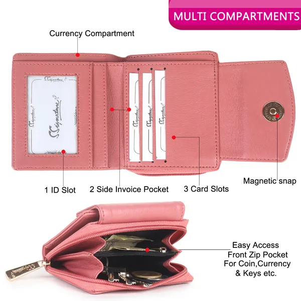 Signature_Pink_Faux_Leather_Tri_Fold_Zipper_Wallet_For_Women
