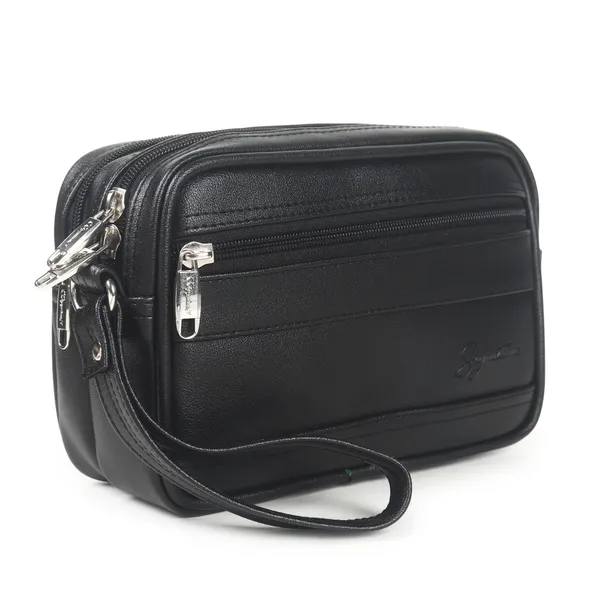 Signature_Black_Leather_Multi_Compartment_Wristlet_Pouch_For_Women