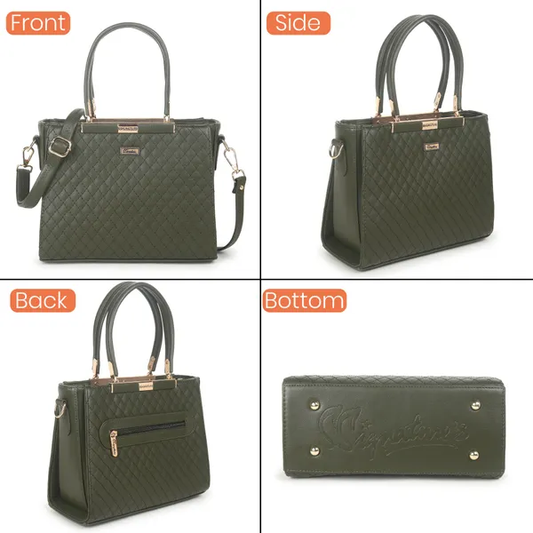 Signature_Olive_Green_Quilted_Faux_Leather_Metallic_Accent_Handbag_For_Women