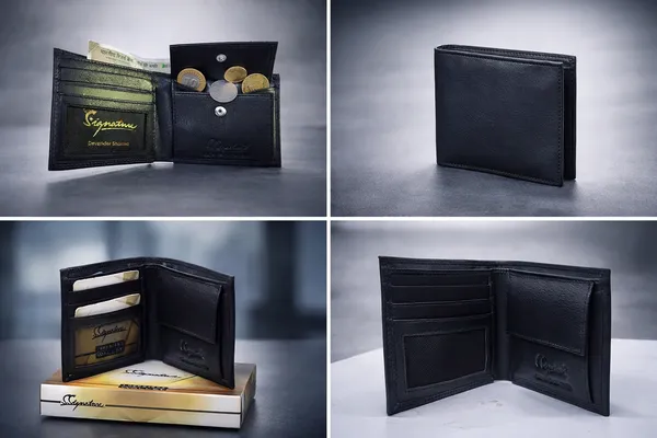 Signature_Black_Leather_Coin_Pouch_Bi_Fold_Wallet_For_Men