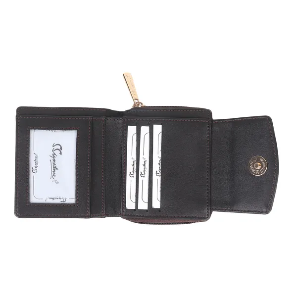 Signature_Black_Leather_Compact_Zipper_Wallet_For_Women